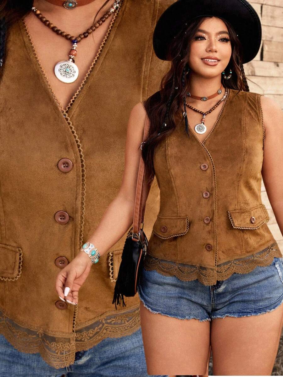 Ceyna Damen-Tanktop in großen Größen aus schokoladenbraunem Wildleder-Fleece mit V-Ausschnitt, ärmellos und kontrastierender Spitze, Herbst, Boho, Feiertage, Cowgirl, Western - Kamelfarben - Übersicht 1