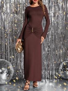 Ellevyn Đầm dệt kim tay dài cổ tròn thanh lịch, eo thắt khóa kim loại, kiểu dáng tôn dáng, phù hợp mặc hàng ngày, dự tiệc và nhiều dịp khác nhau, mùa thu - Cà phê nâu - Xem 9