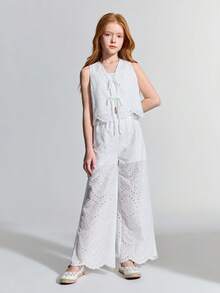 Maija Kids Maija Kids Bộ trang phục thường ngày cho bé gái tuổi teen: áo hai dây trắng thêu họa tiết và quần ống rộng. - trắng - Xem 1