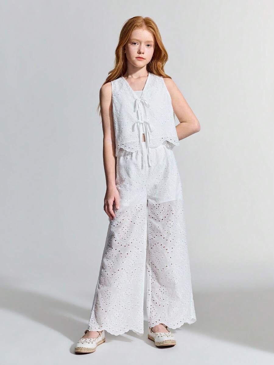 Maija Kids Maija Kids Bộ trang phục thường ngày cho bé gái tuổi teen: áo hai dây trắng thêu họa tiết và quần ống rộng. - trắng - Xem 1