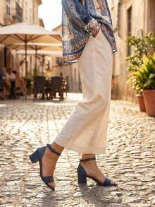 Sandalias De Tacón Grueso Simple Y Elegante Para Mujeres Con Correa De Tobillo - Azul Marino - Ver 3