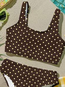 复古波点印花图案少女休闲简约吊带泳衣套装，适合夏季穿着 - 彩色 - 查看 4