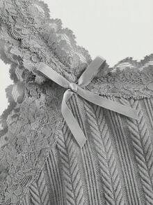 SHEIN MOD 女士蕾丝边提花纹理蝴蝶结装饰吊带背心 - 淺灰色 - 查看 3