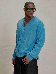Long Sleeve V Neck Button Up Knitted Cardigan Style Sweater Essentials Layering Spring&Summer - Blue - View 4