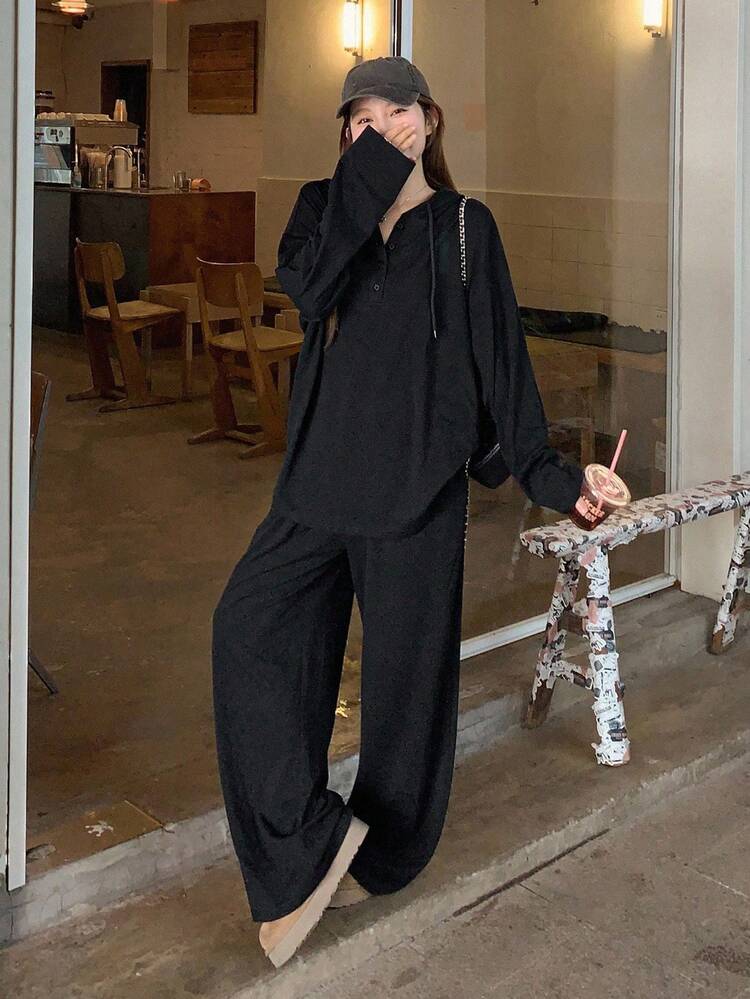 Women's Solid Color Button Half Placket Drop Shoulder Long Sleeve Hooded Top And Pants Casual 2 Pieces Set Fall, Winter Lounge Sets For Women