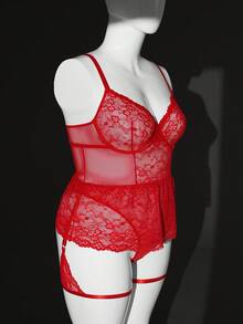 SHEIN Mono romántico con encaje y malla con dobladillo de falda y liguero, sexy y clásico para el Día de San Valentín, talla grande - Rojo - Ver 3