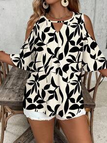 SHEIN VCAY Áo sơ mi cỡ lớn kiểu dáng giản dị in hình lá cây, thiết kế tối giản. - Nhiều màu - Xem 4