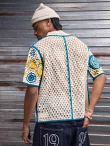 AXEPEAK 男士度假腰果图案短袖单排扣镂空针织开衫 - 彩色 - 查看 2