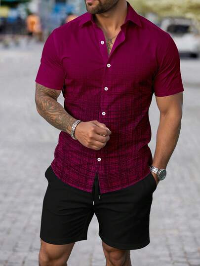 Manfinity Homme Camisa casual de manga corta a cuadros sencilla para hombre