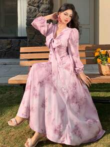DAZY Women's Elegant Floral Print Tie Collar Puff Sleeve Mid-Length Dress, Spring/Summer Wedding Guest Dress Sundress - Pink - View 5