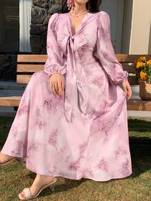 DAZY Women's Elegant Floral Print Tie Collar Puff Sleeve Mid-Length Dress, Spring/Summer Wedding Guest Dress Sundress - Pink - View 7