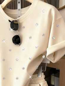 Resyla Bộ 2 món gồm áo tay ngắn cổ tròn tối giản đính đá lấp lánh và quần short, quà tặng cho bạn bè. - Màu be - Xem 3