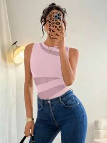 Rafferiza 优雅性感时尚黑色圆领无袖修身不对称几何网纱拼接针织连体衣，女士春夏款 - 淺粉色 - 查看 6