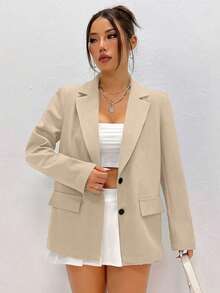 Flirla Women Plain And Simple Daily Lapel Blazer Jacket - Khaki - View 3