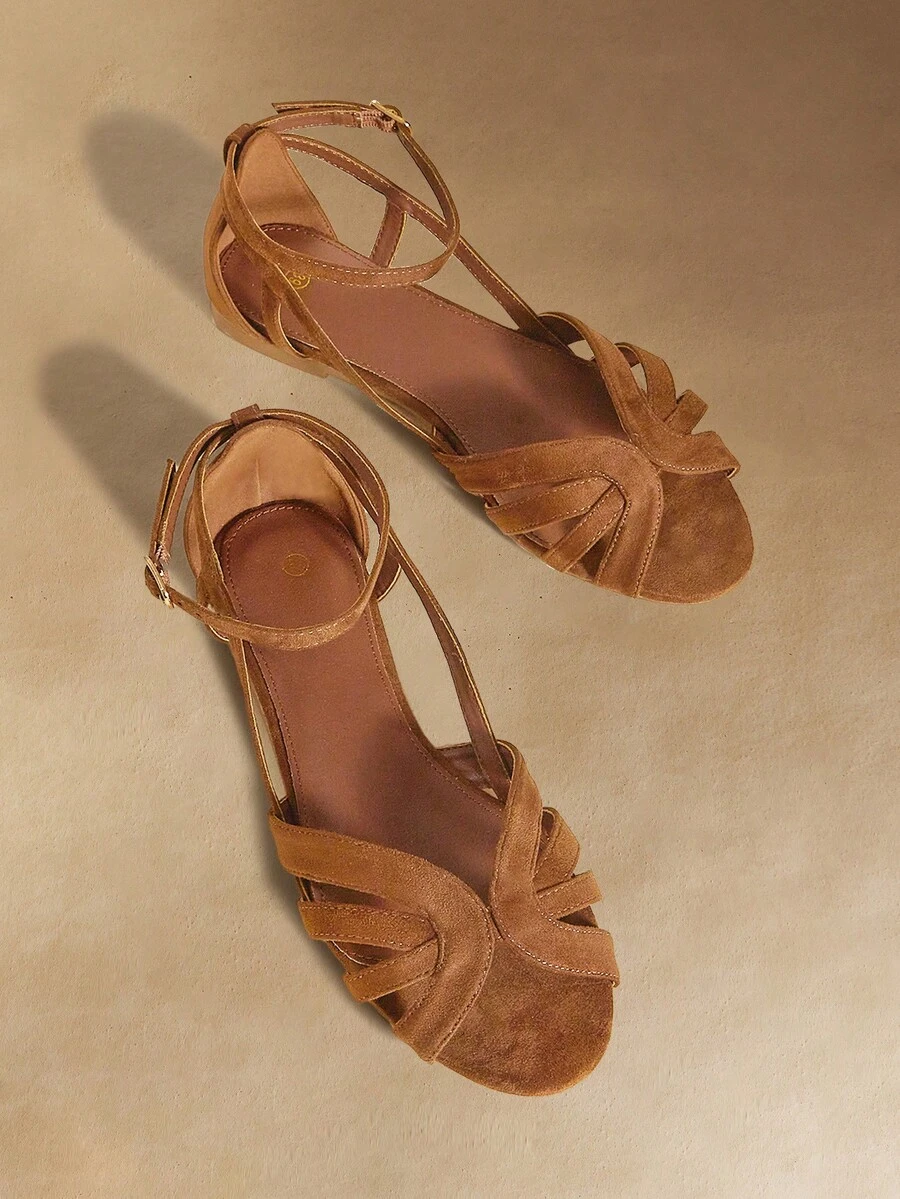 Rosivie Summer New Women Brown Suede Woven Lace-Up Sandals, Thin Strap Wrapped Peep Toe High Heel Roman Shoes, Fashionable For Commuting And Party Valentine's Day - Brown - View 1