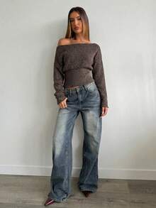 Aloruh 卡其色斜肩领女士休闲短款针织套头毛衣，秋冬女装 - 卡其色 - 查看 3