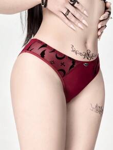 ROMWE Goth 1件哥特蝙蝠植绒三角内裤 - 酒紅色 - 查看 5