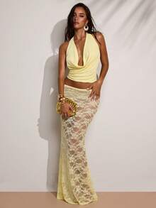 SHEIN BAE Women's Fashionable Sexy Plunging Neck Camisole & Lace Skirt Set 2 Piece Long Skirt Set Butter Yellow Two Piece Set Lace 2 Piece Set - Yellow - View 5