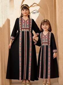 Young Girls Geometric Pattern V-Neck Long Sleeve A-Line Casual Maxi Dress, Suitable For Beach Party, Summer - Black - View 3
