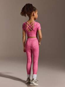 Girls (Small) Casual Professional Fashion Pink Leopard Print Tight Yoga Exercise Sports Leggings Cycling Pants Activewear - Pink - View 9