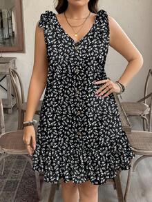 SHEIN LUNE Gaun Tanpa Lengan Kancing Bahu Ikat Kasual Motif Bunga Kecil untuk Wanita Ukuran Besar, Cocok untuk Musim Panas dan Musim Semi - MultiWarna - View 3