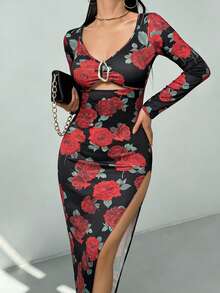 RiviMae Đầm tối giản in hoa hồng cho ngày Valentine. - màu đen - Xem 5