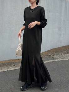 FRIFUL Robe noire unie à ourlet évasé, polyvalente et décontractée, automne/hiver pour femmes - Noir - Voir 3