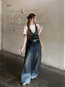 DAZY Women's Patchwork Bow Mesh Button V-Neck Sleeveless Mini Dress - Black - View 5