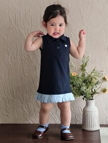 Baby Girl Casual Sleeveless Dress With Collar, Contrast Color And Ruffle Hem Summer Baby Girls Clothes - Navy Blue - View 8