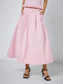 Maija 女士休闲通勤简约纯色口袋A字裙 粉色裙子 - 粉色 - 查看 1