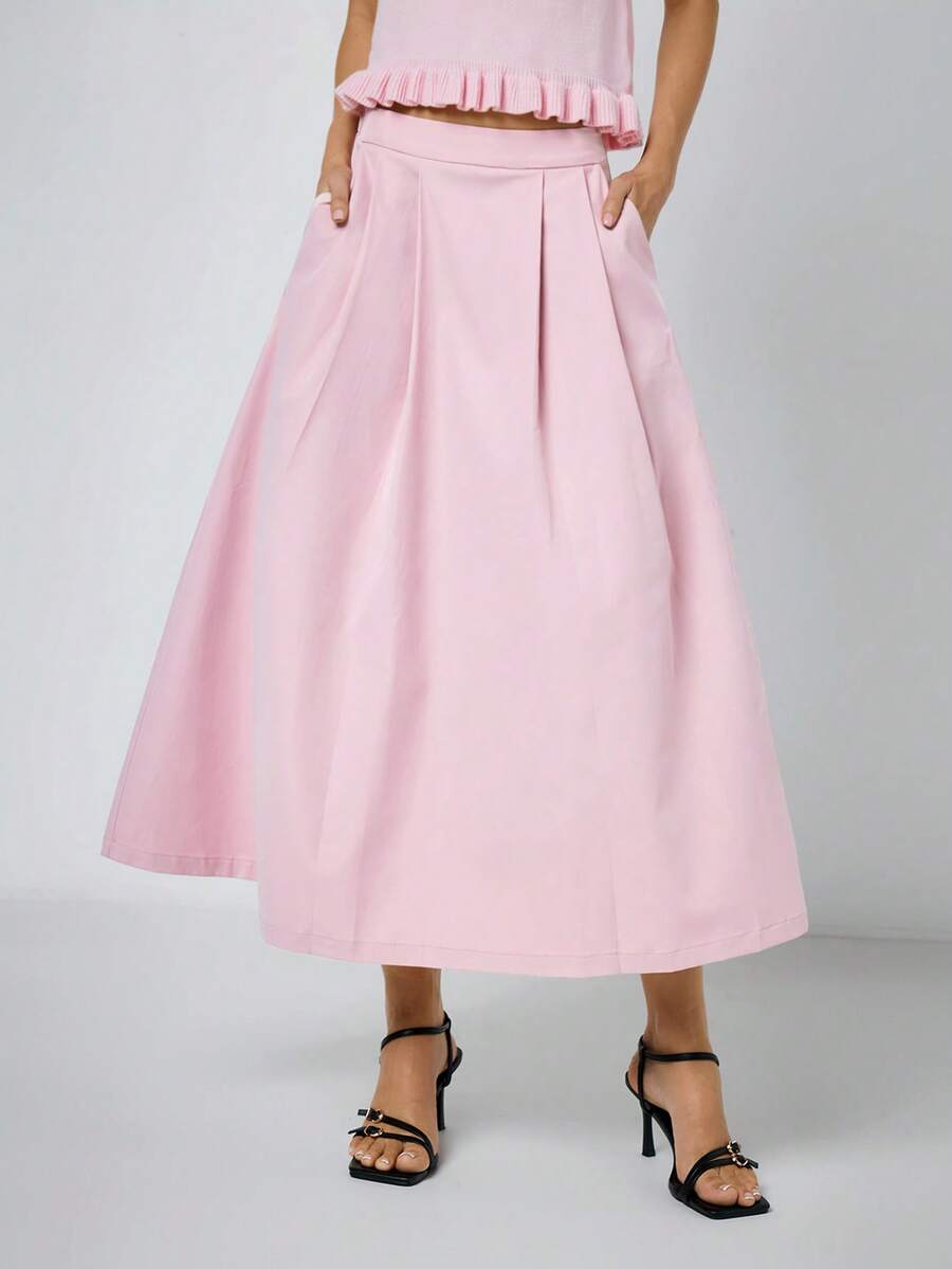 Maija 女士休闲通勤简约纯色口袋A字裙 粉色裙子 - 粉色 - 查看 1