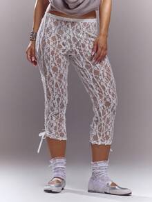MUSERA Mid Rise Lace Capri Pants Pedal Pushers Spring Summer Cute Sexy Streetwear Night Out Ballet Sleeze - White - View 2
