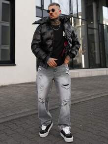 Artur Kramer 男士亮面立领防风长袖可拆卸连帽纯色休闲棉服外套，秋冬季保暖 - 黑色 - 查看 6