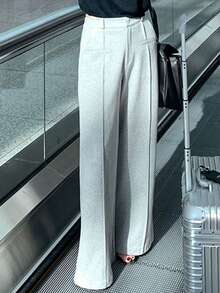 DAZY 女士灰色弹力腰休闲阔腿裤，秋冬季，简约，宽松，显瘦 - 灰色 - 查看 3