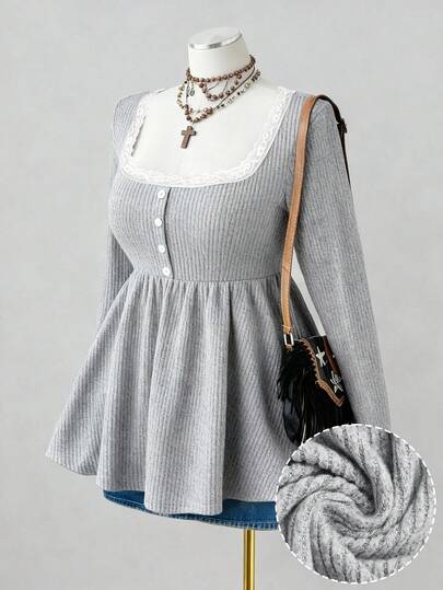 Sunspun Plus Size Square Neck Long Sleeve High Stretch Ruffle Button Contrast Color Doll Hem Casual Faux Fur Sweater, Retro Elegant For Dates And Gatherings