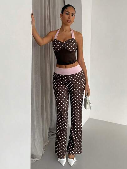 SHEIN Glamour 2 Piece Sets Brown And Pink Color Wave Point Sexy Backless Sleeveless Top Pants Set,Streetwear,Autumn And Winter Set,Concert Set,Club Set,Date Night Set,Elevated Elegance Set,Prom Set,Rave Set,Women Birthday Set,Party Must Have,Christmas Set,Valentine Set,New Year Set