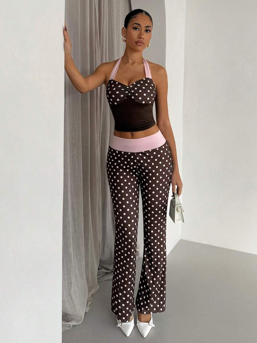 SHEIN Glamour 2 Piece Sets Brown And Pink Color Wave Point Sexy Backless Sleeveless Top Pants Set,Streetwear,Autumn And Winter Set,Concert Set,Club Set,Date Night Set,Elevated Elegance Set,Prom Set,Rave Set,Women Birthday Set,Party Must Have,Christmas Set,Valentine Set,New Year Set - Multicolor - View 1
