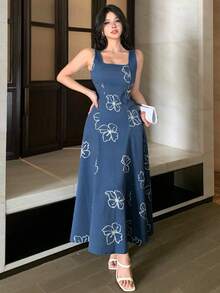 DAZY 女士优雅印花无袖方领牛仔连衣裙，夏季 - 藍色 - 查看 8