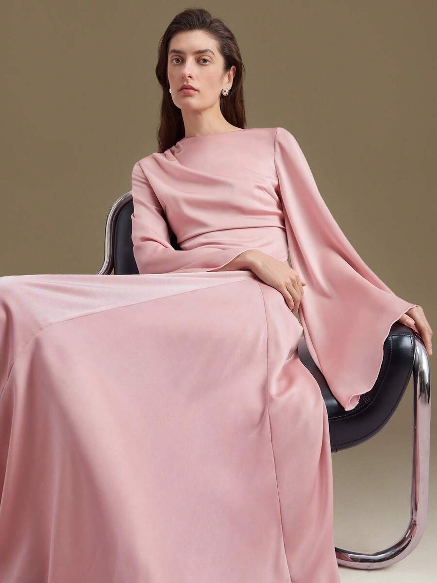 Ontre Phong cách thành thị hiện đại mùa Xuân/Hè 2026, thoải mái tối giản, màu hồng, tay loe, eo thon, gấu váy xòe, tay dài, đầm nữ, mặc được cả bốn mùa, đi học, công sở, trang phục đi làm, đầm dự tiệc cưới nữ mùa Xuân 2026 mới. - Hồng - Xem 1