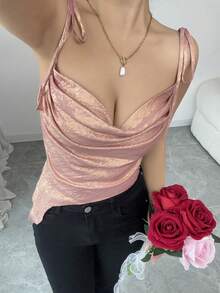 Elenzga Áo yếm hở vai kim loại bất đối xứng ngày lễ tình nhân cho nữ - Hồng - Xem 3