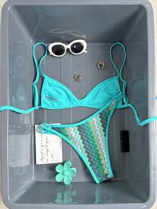 Swim Mod Spring/Summer Knit Jacquard Wireless Camisole Top And Swim Shorts Women's Beach Vacation Travel Bikini Set - Blue - View 2