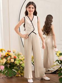 SHEIN Tween Girl Black And White Summmer Formal Contrast Color Button Front Vest Top And Pleated Wide Leg Pants Set,Young Girls Versatile 2 Piece Outfit - Apricot - View 3