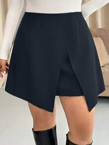 Vionelle 加大码纯黑色不对称下摆开衩半身裙，时尚百搭，适合日常通勤和办公穿着。 - 藏蓝色 - 查看 4