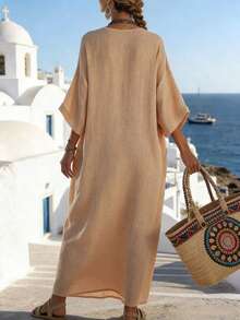 Breezaya 女士休闲宽松长连衣裙，饰有缎带滚边，落肩设计，带口袋 - 卡其色 - 查看 2