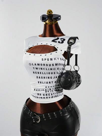 Celisse Women's Fashion Round Neck Young Lady Casual Outdoor Sports Street Chic Letter Graphic Print Tight Sleeve Short Sleeve T-Shirt