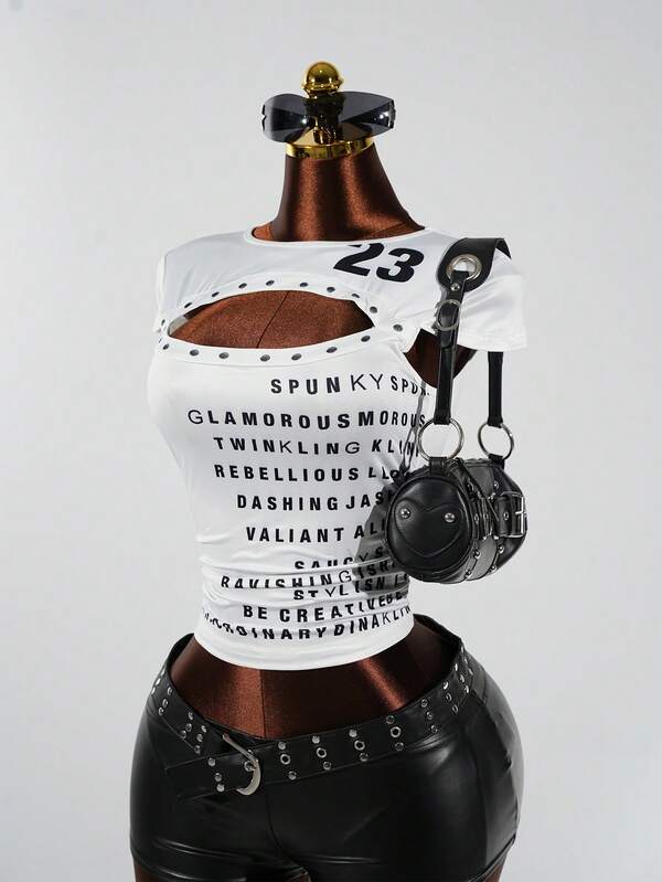 Celisse Women's Fashion Round Neck Young Lady Casual Outdoor Sports Street Chic Letter Graphic Print Tight Sleeve Short Sleeve T-Shirt