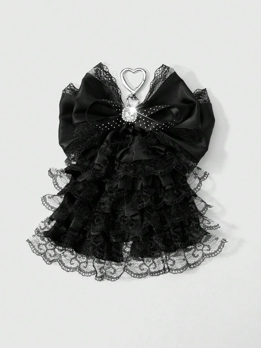 1 Y2k 法式芭蕾洛丽塔风复古甜美酷炫暗黑哥特风复杂手工创意黑色波点织带蕾丝褶皱多层蕾丝蝴蝶结亮钻装饰 DIY 钥匙扣配饰包包挂件，适合女孩和女士日常佩戴，节日礼物 - 黑色-1 - 查看 1