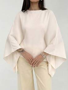 Aloruh Boat Neck Voluminous Sleeve Cinched Waist Commuter Shirt - Apricot - View 1