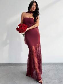Firerie Women's Elegant Minimalist Sophisticated Romantic Charming Atmosphere Valentine's Day Date Party Wedding Guest Holiday Strapless Lace Patchwork Asymmetric Hem Lace Ribbon Bodycon Wine Red Dress - Burgundy - View 7