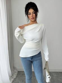 Feyla Women's Casual Commuter Pleated Oblique Collar Shirt White Tops Women White Elegant Top White Blouse One Shoulder Top One Sleeve Top - White - View 3